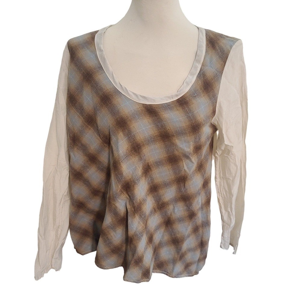 Cp Shades Size Medium Brown Cotton Silk Plaid Blouse Top